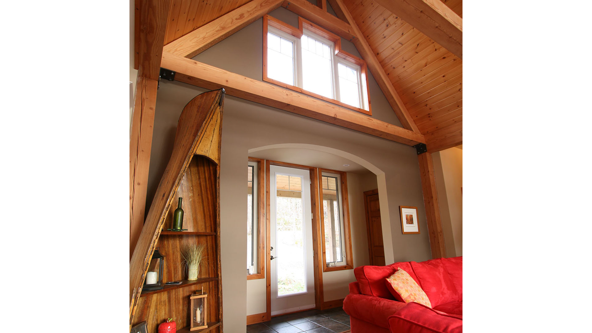 architect designed new lakefront cottage - parry sound - timber-frame family room