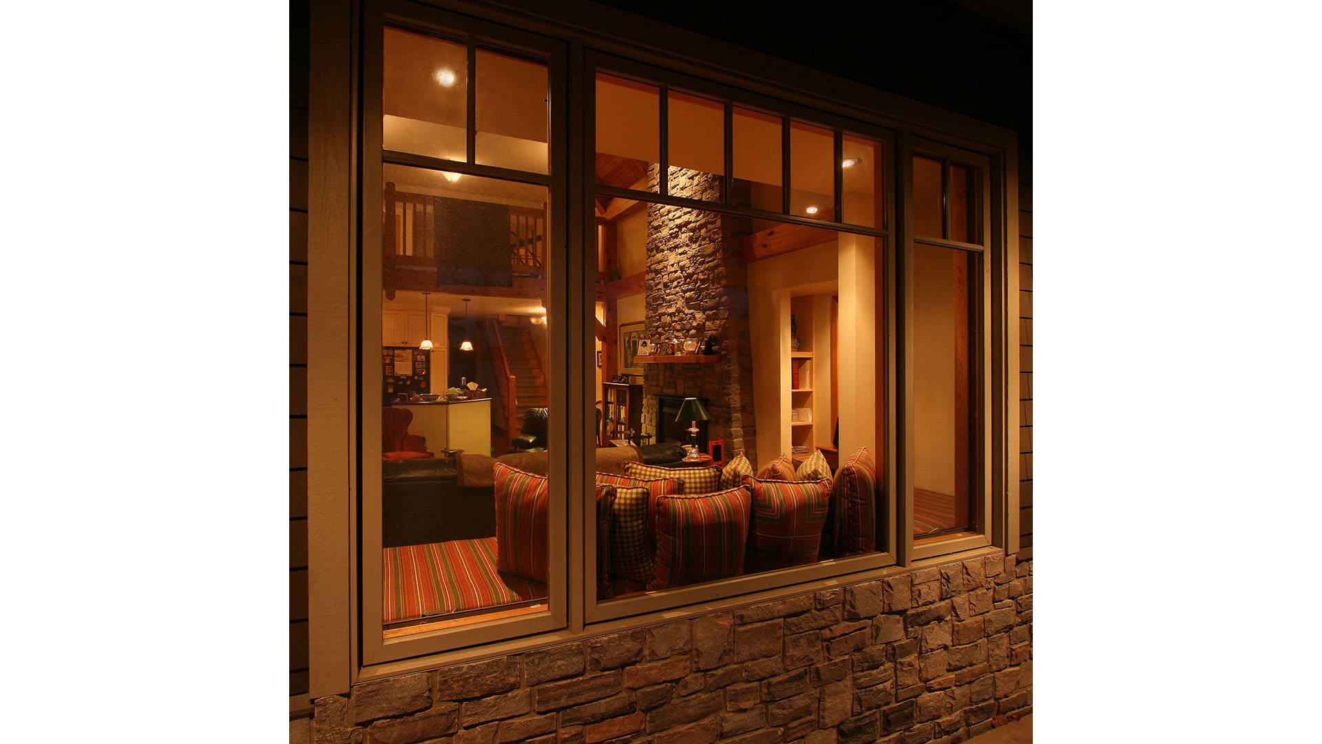 architect designed lakefront home - muskoka - stone fireplace thru windows